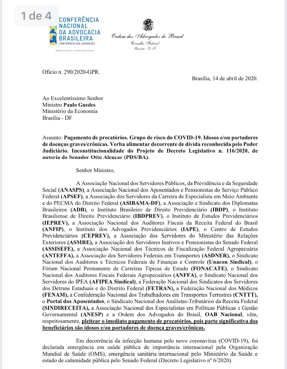 Fonacate, OAB e entidades solicitam pagamento de precatórios alimentares para grupo de risco da Covid-19