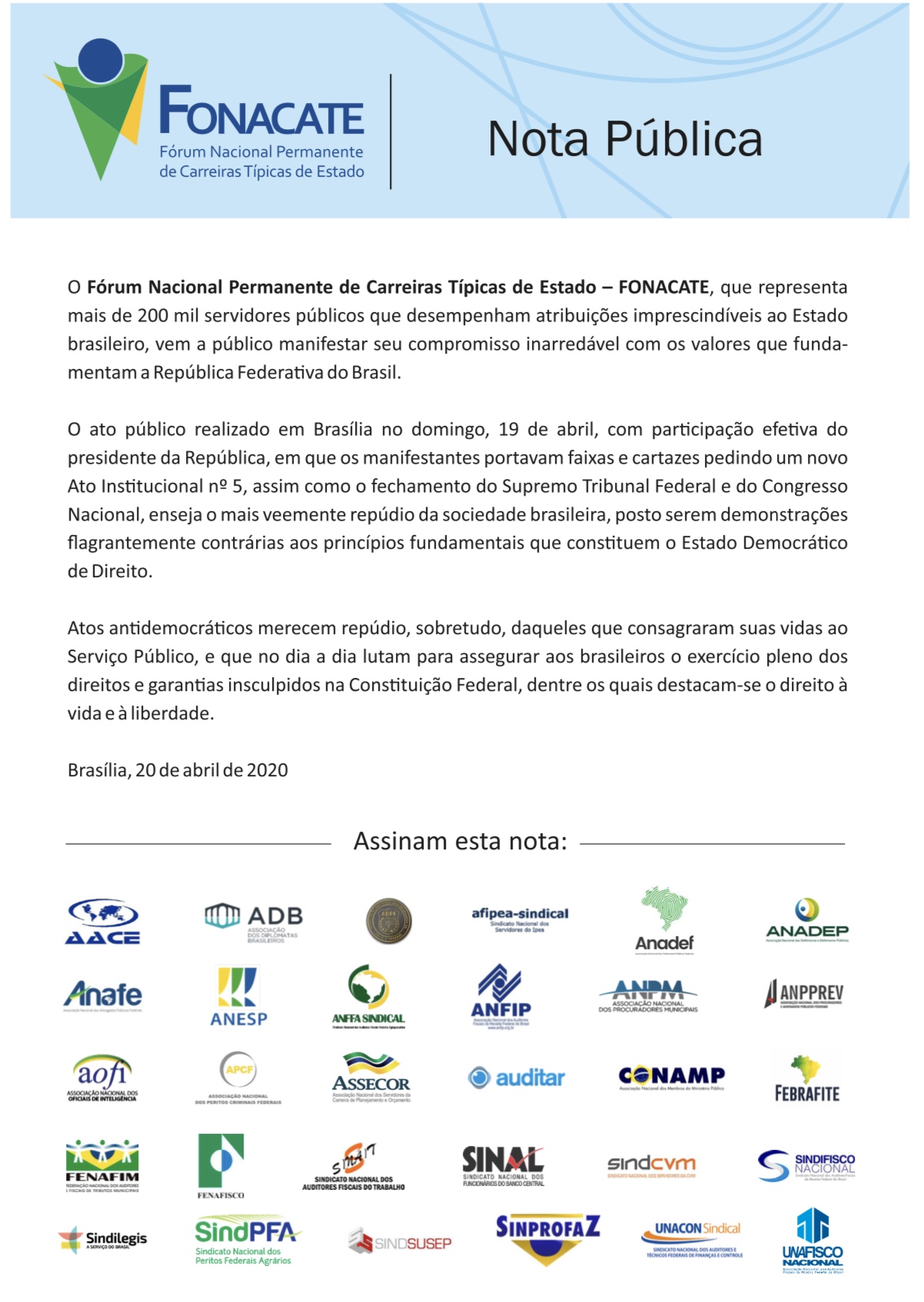 Em nota, Fonacate defende Estado Democrático de Direito