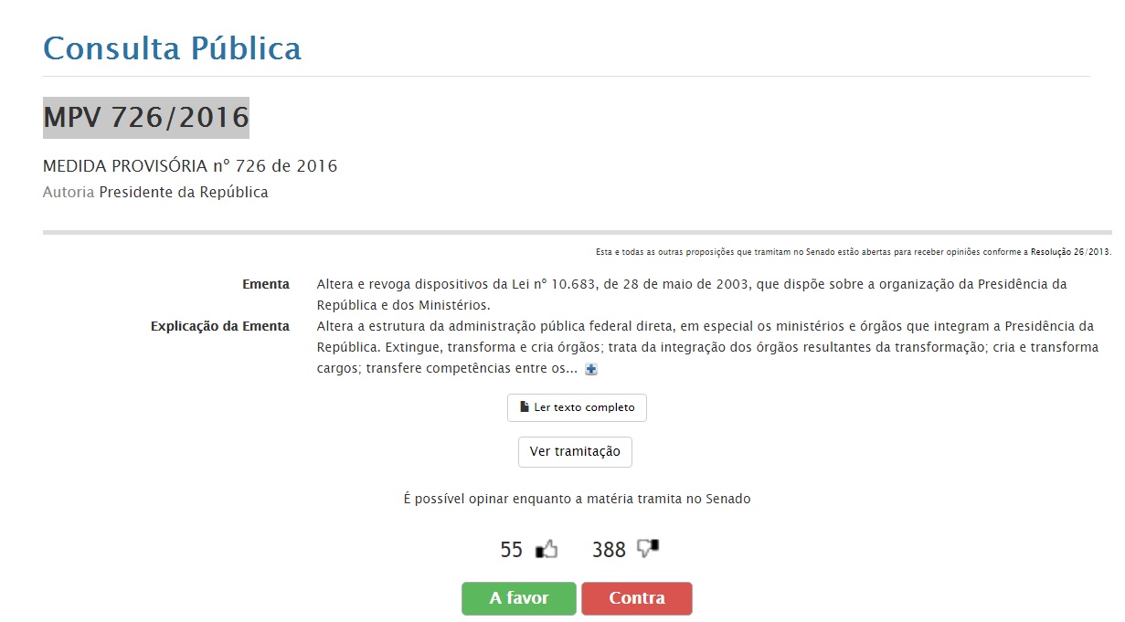 Senado abre consulta pública sobre a MP 726/16