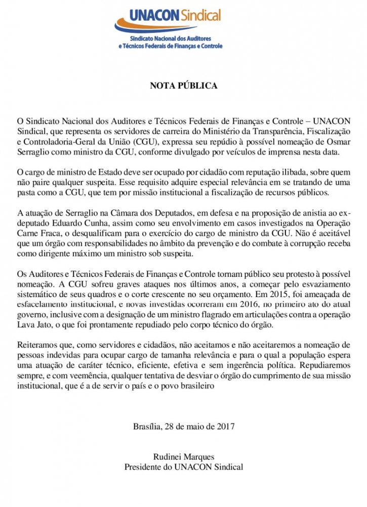 Unacon Sindical repudia possível nomeação de Serraglio como ministro da CGU
