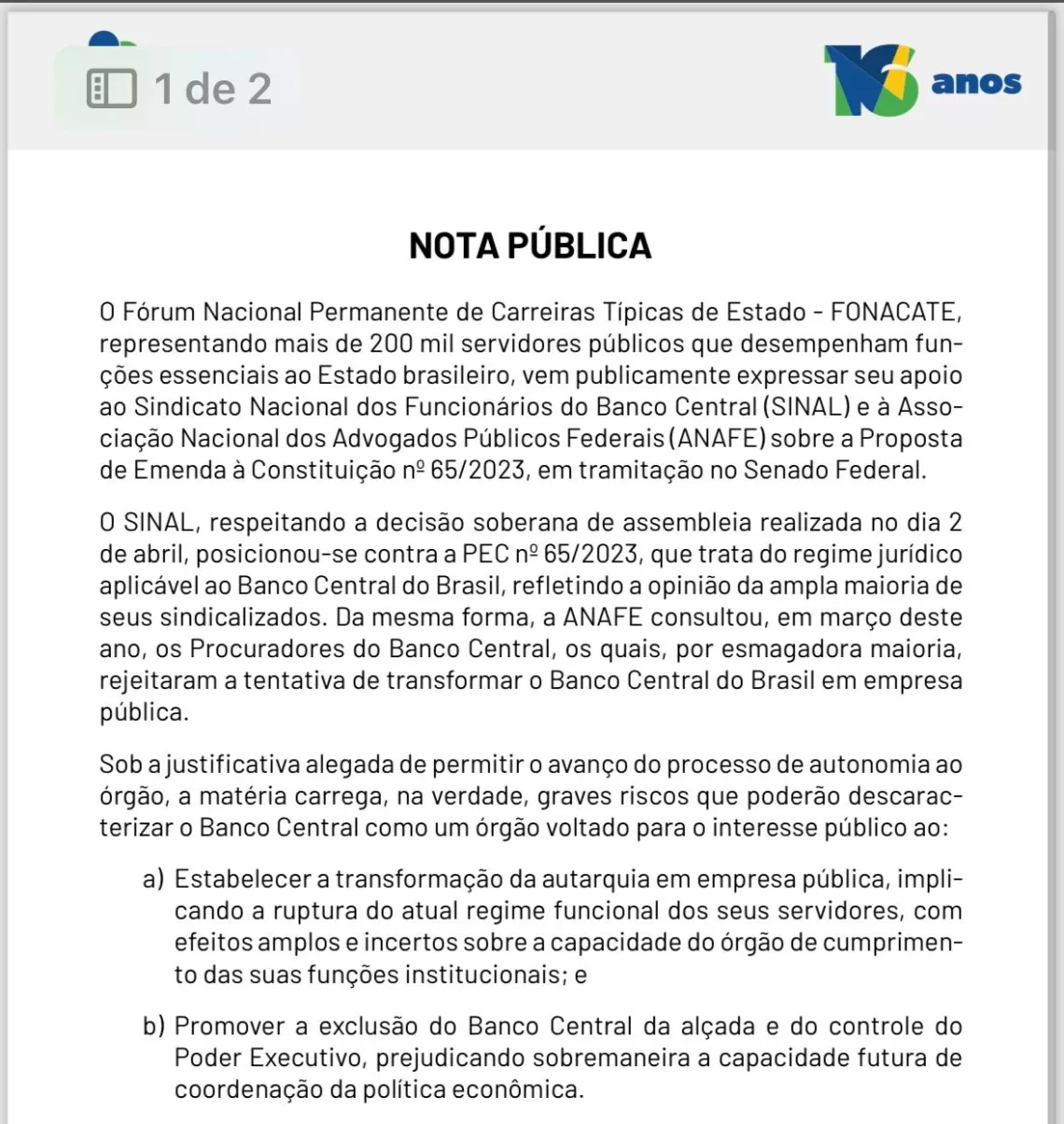 Nota Pública» Fonacate apoia luta de servidores do Banco Central contra PEC 65