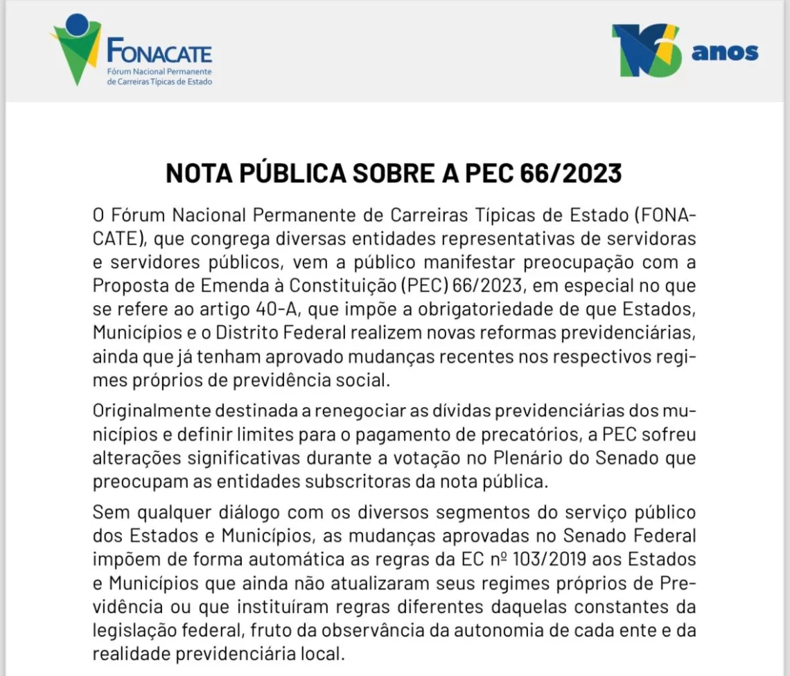 Nota Pública» Fonacate alerta que PEC 66/2023 viola o pacto federativo ao impor novas reformas previdenciárias para estados e municípios