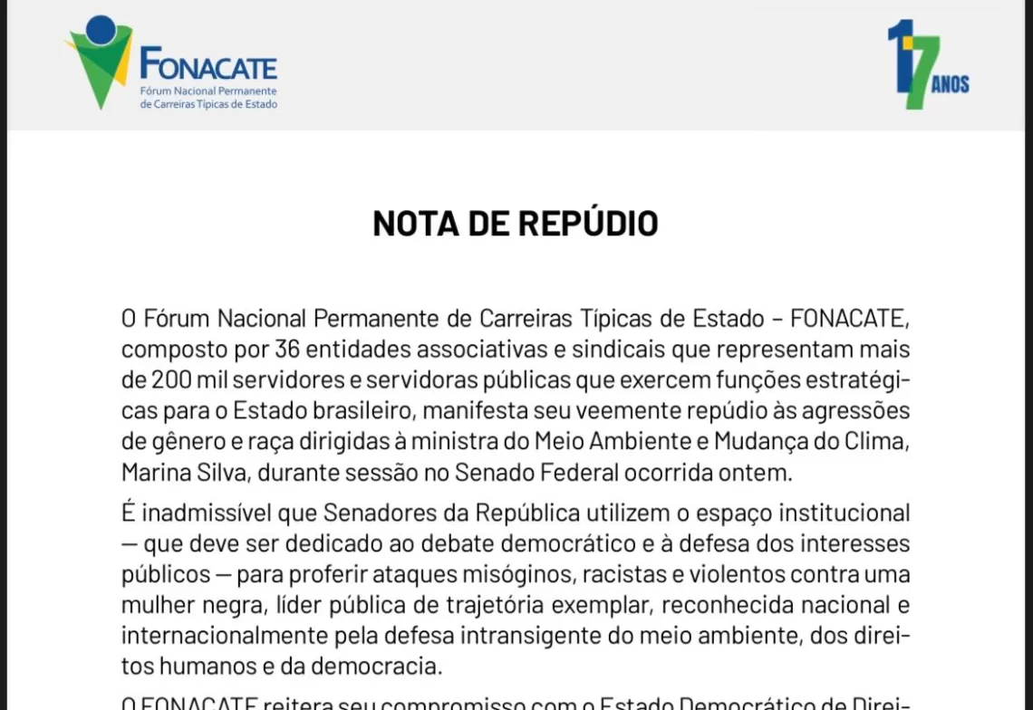 Fonacate repudia episódio de violência política de gênero e raça e manifesta solidariedade à ministra Marina Silva