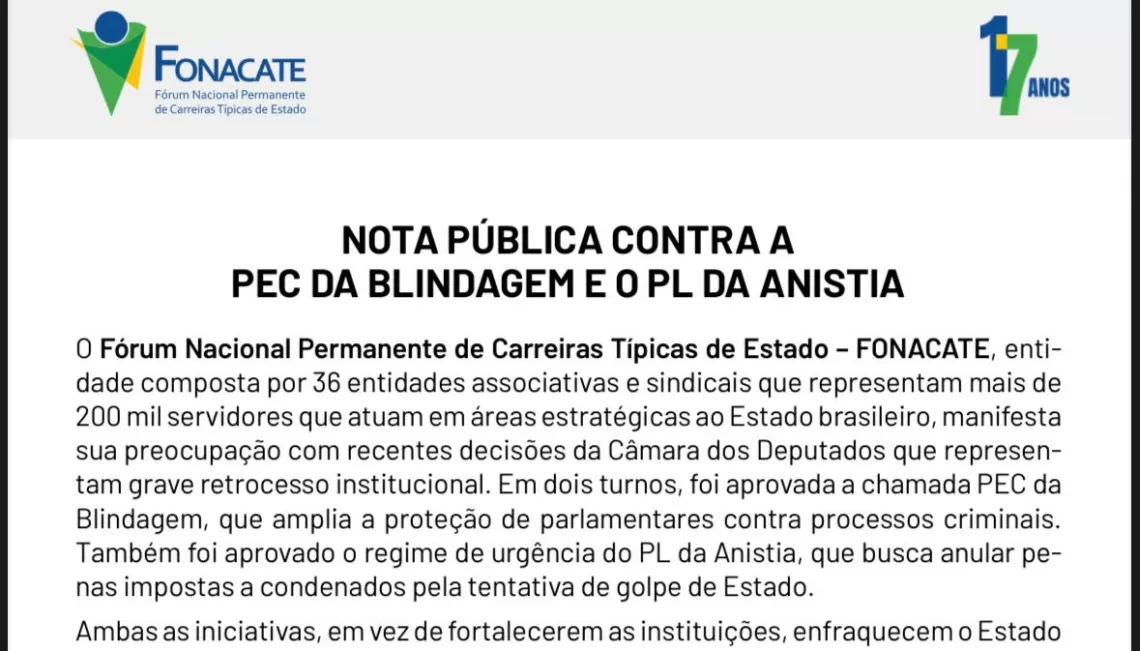 Nota Pública» Fonacate alerta para retrocesso institucional com PEC da Blindagem e PL da Anistia