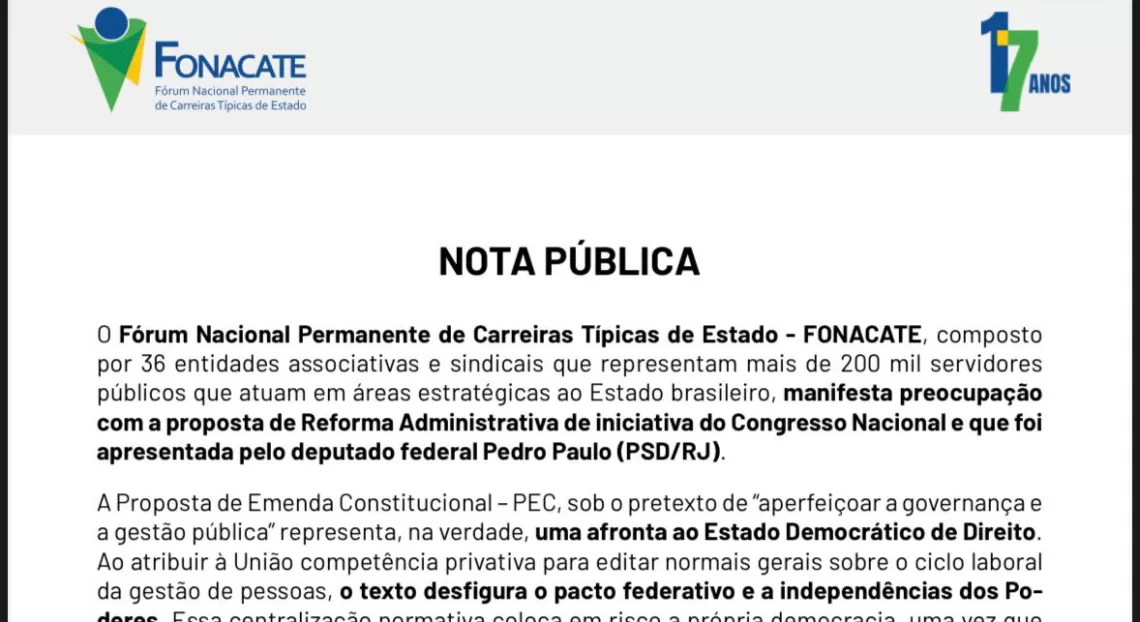 Nota Pública» Reforma Administrativa ameaça o Estado Democrático de Direito