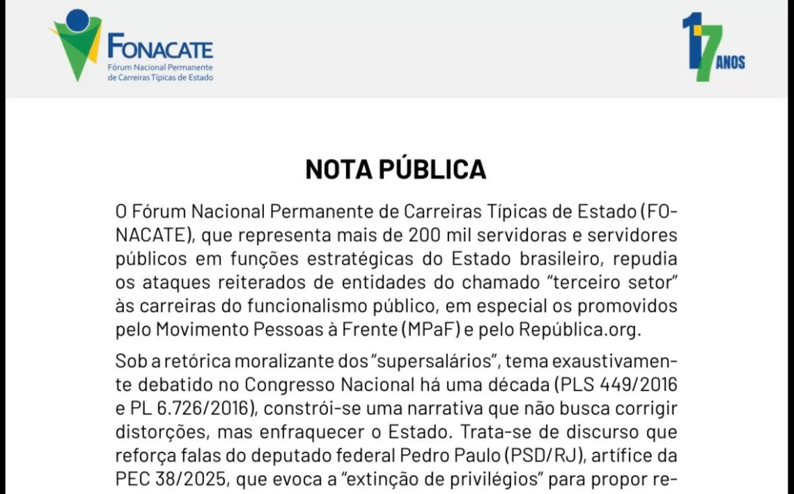 Nota Pública» Fonacate repudia ataques do terceiro setor ao funcionalismo