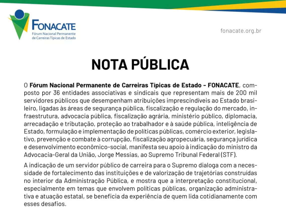 Fonacate divulga moção em apoio à indicação de Jorge Messias ao STF